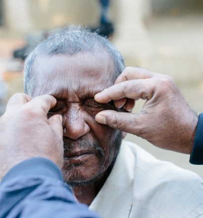 Rameswor, a person affected by leprosy, gets his eyes tested
